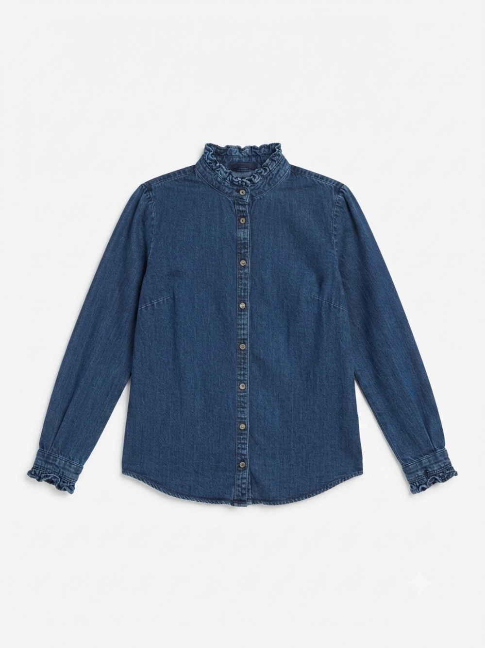 J.Crew Denim Women Ruffle Neck Shirt Top Size XXS Blue Long Sleeve Button Down